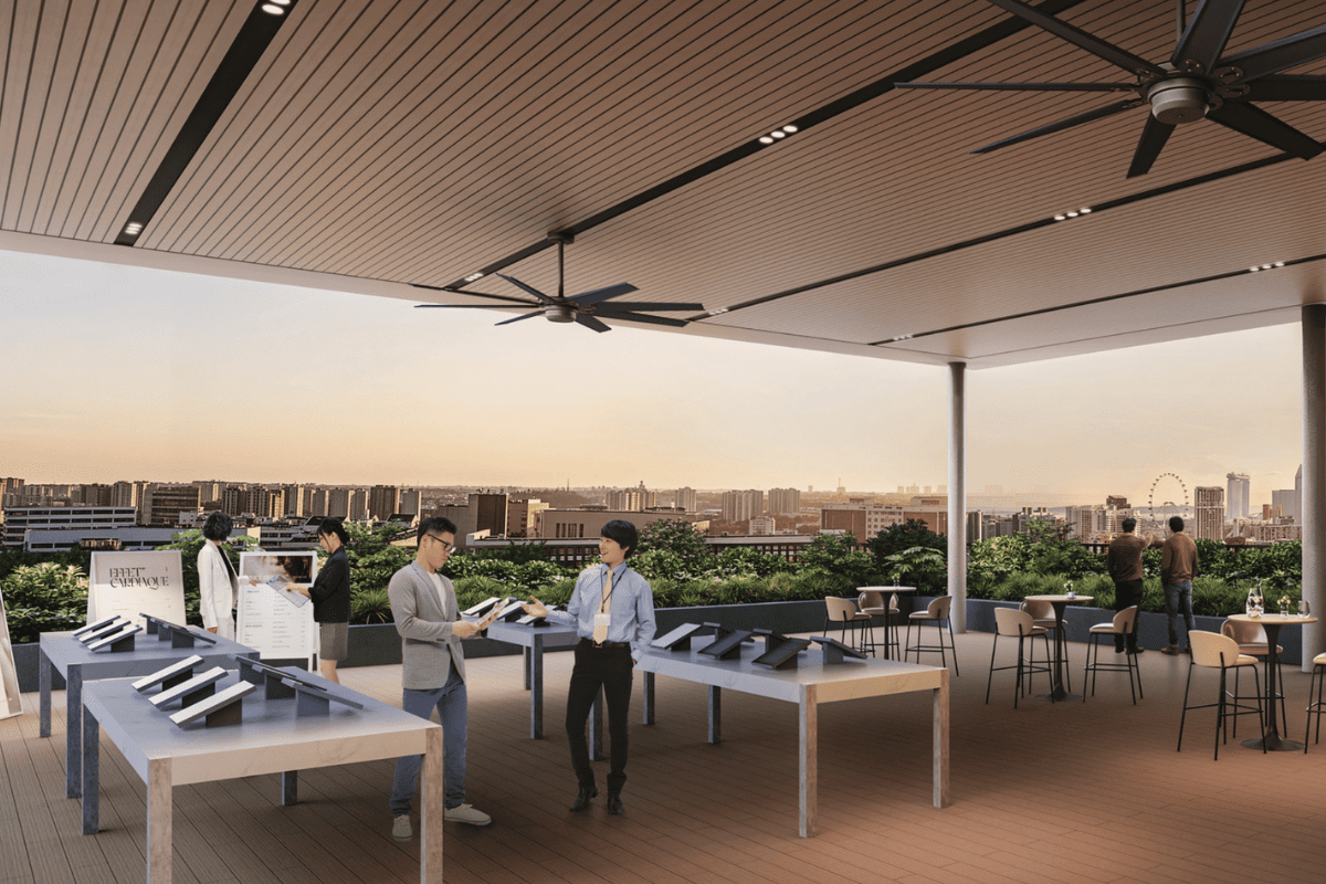 CT Gold @ Macpherson rooftop communal pavilion with BBQ pit and city skyline views